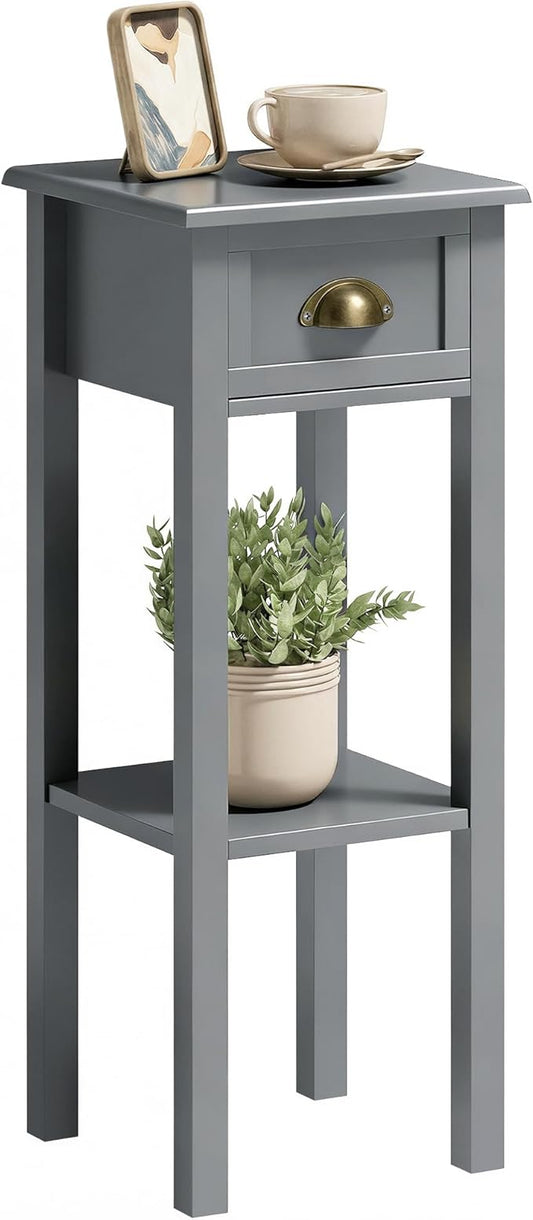 HOMCOM Narrow End Table with Drawer and Bottom Shelf, Slim Side Table for Small Spaces, Skinny Modern Accent Desk for Living Room, Set of 1, Gray