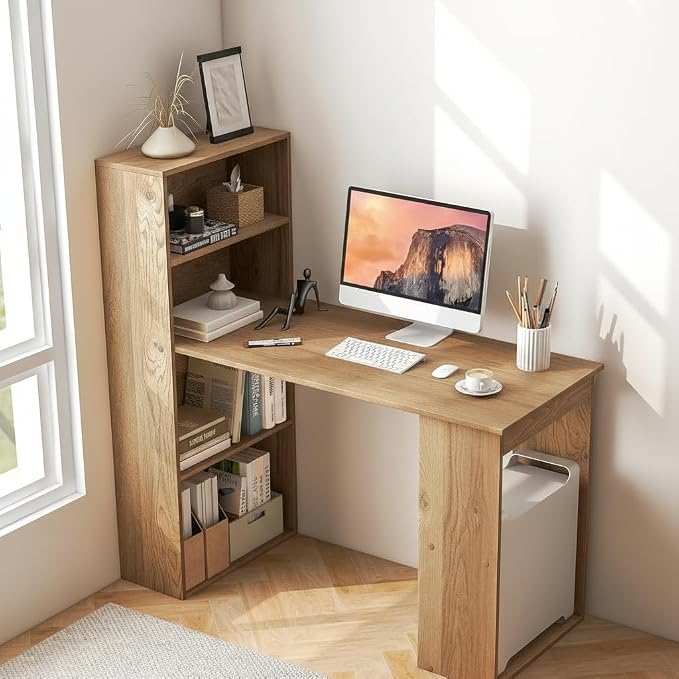 Tangkula Computer Desk with Bookshelf, Writing Study Desk with Storage Shelves & CPU Stand, Modern Compact Computer Workstation for Home & Office, Space-Saving Design(Natural)