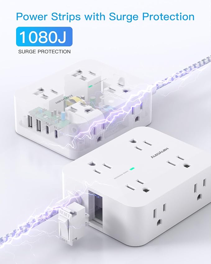 PD 30W USB C Power Strip Surge Protecor, HANYCONY 8 Outlets 4 USB(2 USB C Ports), 1080J Desk Charging Station for Multiple Devices, 6 Ft Flat Plug Extension Cord for College Dorm Room Essentials