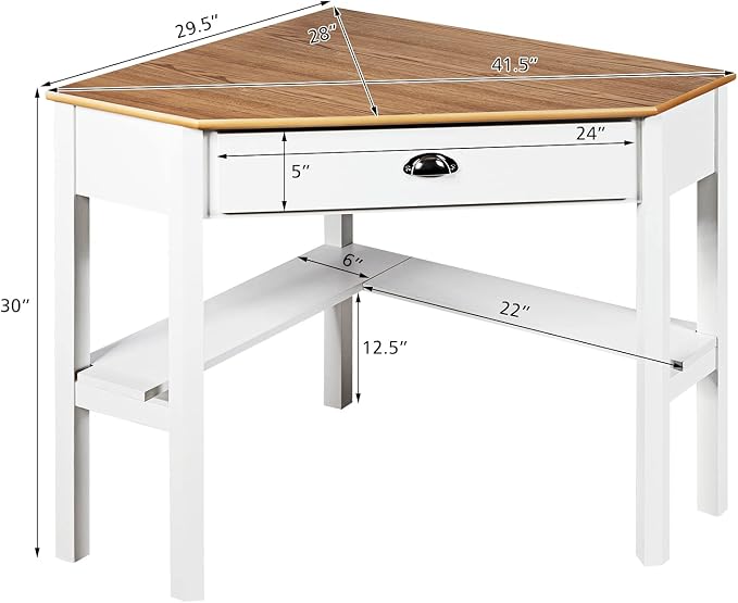 Corner Computer Desk, Space-Saving Corner Table with Drawer & Shelves, Home Office 90° Triangle Corner Workstation, Modern Makeup Vanity Table, Corner Desk for Small Spaces (Natural & White)
