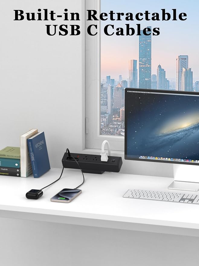 Desk Clamp Power Strip Built-In1 Retractable USB C Cables,Nightstand Charging Station 1 PD20W USB-C&1 USB-A&3 AC,Desk Mount Outlet 6.6 Ft Extension Cord for Conference Rooms, Desktop Accessory.