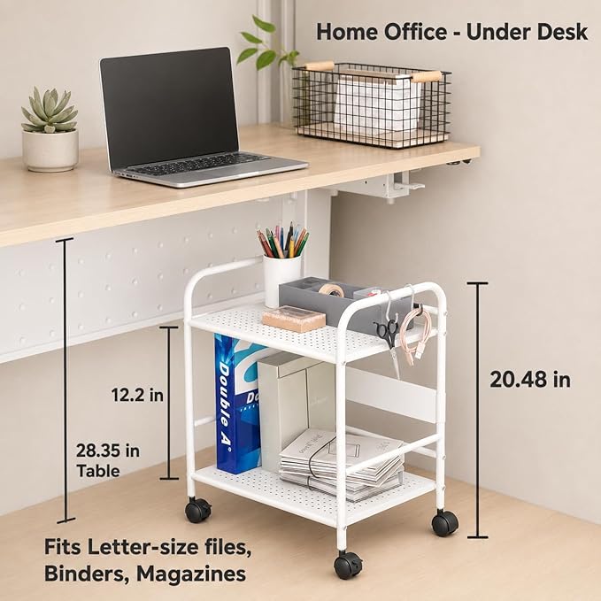 2-Tier Metal Rolling Cart, Under Desk Storage with 12.2" Shelf Clearance, Anti-Drop Guard & Hooks, Compact Utility Cart for Kitchen, Office, Laundry, Bathroom, Pantry, Living Room - White