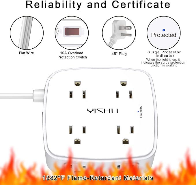 6 Ft Surge Protector Power Strip - YISHU 8 Widely Outlets with 4 USB Ports, 3 Side Outlet Extender with 6 Feet Flat Extension Cord, Ultra Flat Plug, Wall Mount, Desk USB Charging Station, ETL, White
