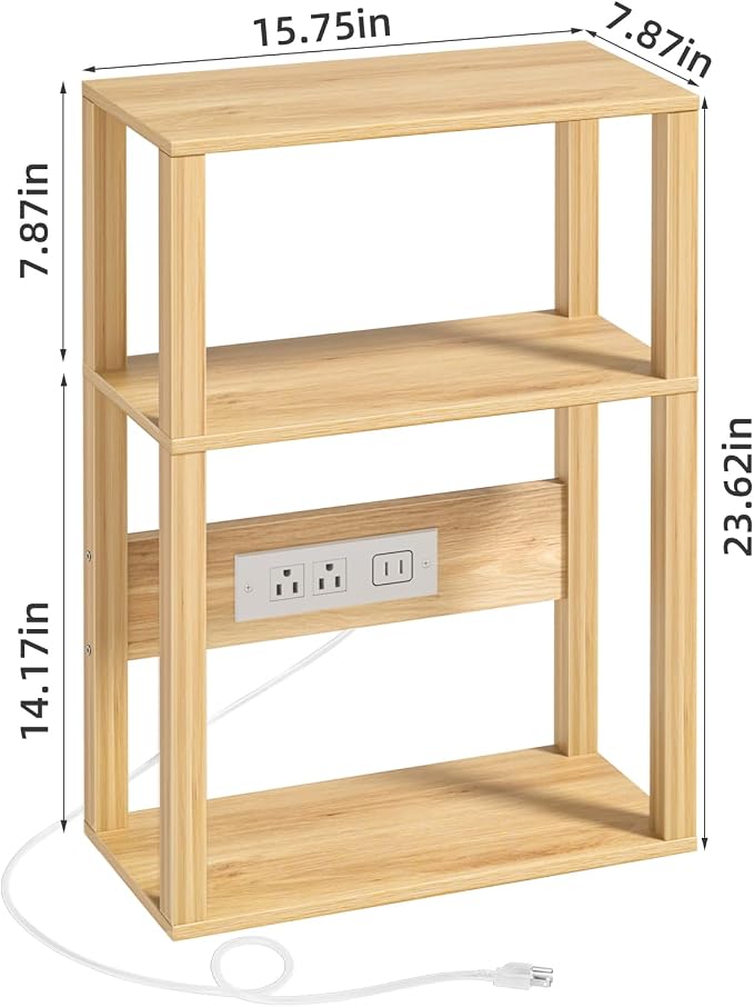 YUFAM 3 Tier Small Narrow Bamboo Side Table Set of 2 with Charging Station - Skinny Nightstand for Small Spaces, Slim Bedside Table with USB Ports and Outlets - Thin End Table with Storage, Natural