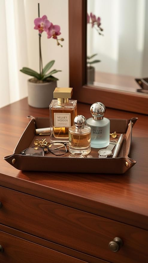 VLANDO Valet Tray Organizer, PU Leather Catchall Tray for Home | Large PU leather tray for keys, wallet, watch, coins and jewelry on nightstands, dressers or entryway tables