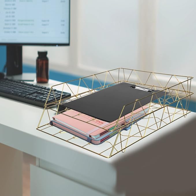 Performore 11x17 Stackable Metal Paper Tray Organizer, 2-Tier Wire Desk Trays for Office & Home, Gold File Holder for Documents, Mail, Folders & Tabloid-Size Paper