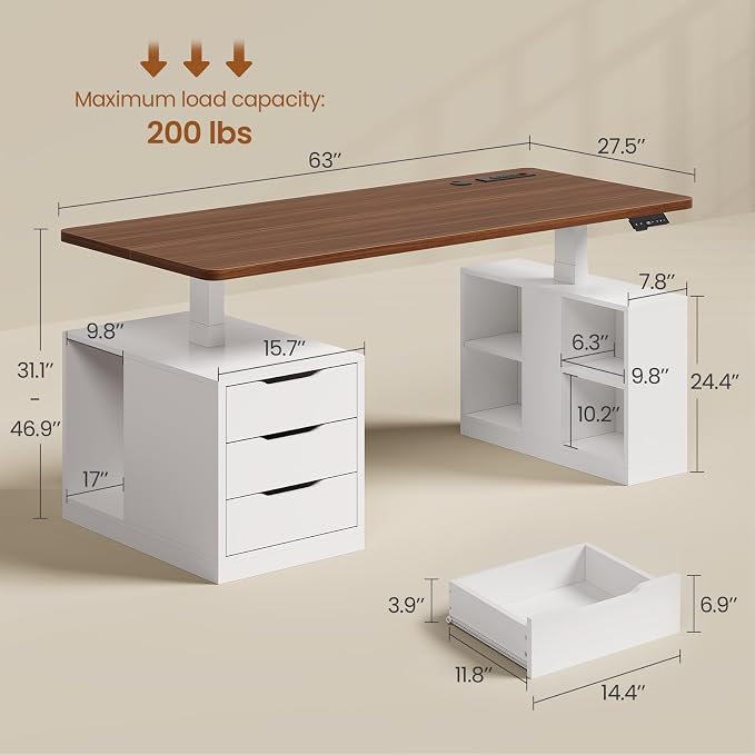 SEDETA Modern Electric Standing Desk, 63" Height Adjustable Computer Desk with 3 Drawers, Storage Shelves, Power Outlets, Wood Home Office Stand up Desk for Work, Study, Writing, White + Brown
