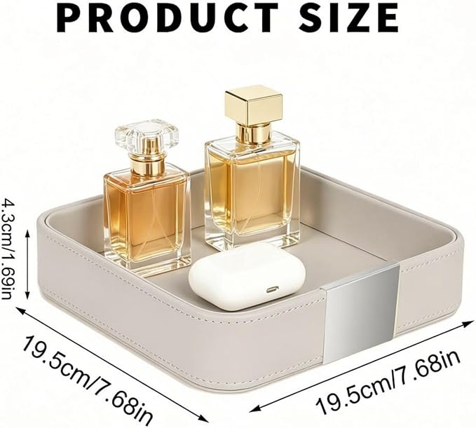 SANZIE Luxury Leather Desktop Storage Small Catchall Organizer Decorative Tray for Entryway Table to Hold Jewelry Watch Cosmetics Keys Phone Wallet, Home & Office Accessories (Metal Silvered, Grey)