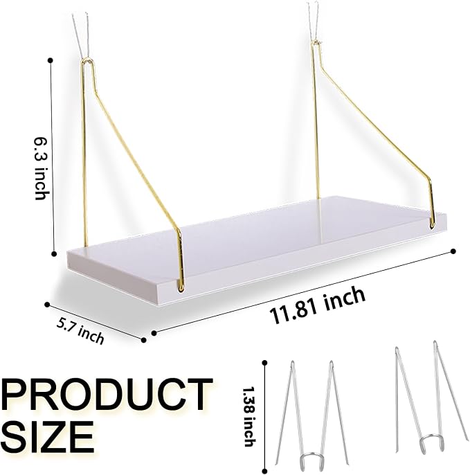 2-Pack Cubicle Shelf For Fabric Walls With Hooks：12x6.0in White Wooden Cubicle Shelf Hanging Gold Bracket Use For Office Cubicle Accessories For Office Stylish Cubicle Decorations For Women Desk