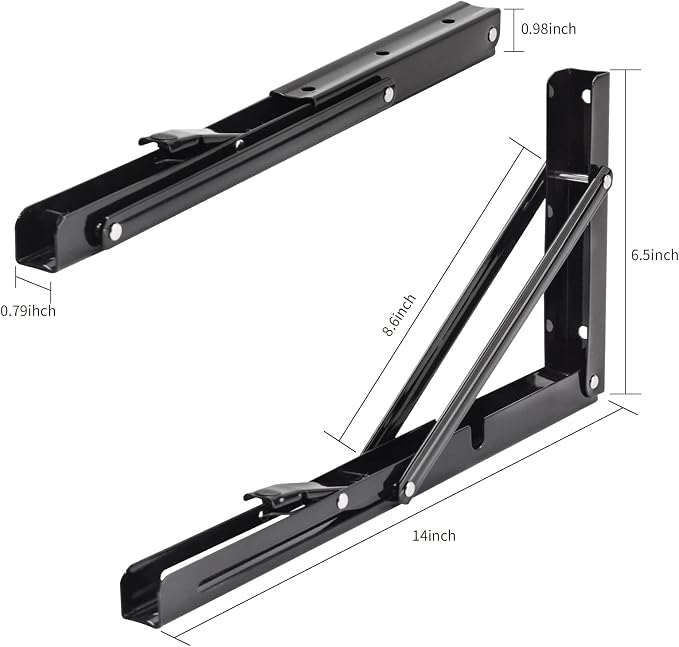 YUMORE Folding Shelf Brackets, 14 Inch Heavy Duty Collapsible Shelf Bracket, Black DIY L Bracket for Workbench Folding Table Hinge, Max Load: 330lb, 2 Pack