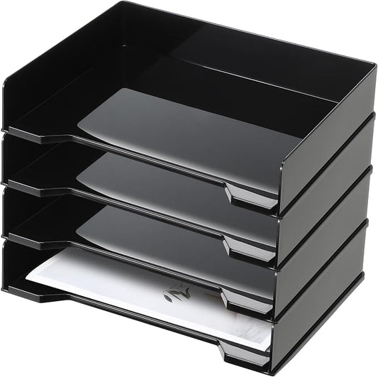 DoubleFill 4 Pcs Stackable Letter Tray Rectangular Plastic Desk Organizer 13 x 9.5 x 2.6 in Paper Holder File Tray Accessories Rack for Desktop Office Desk Drawers (Black)
