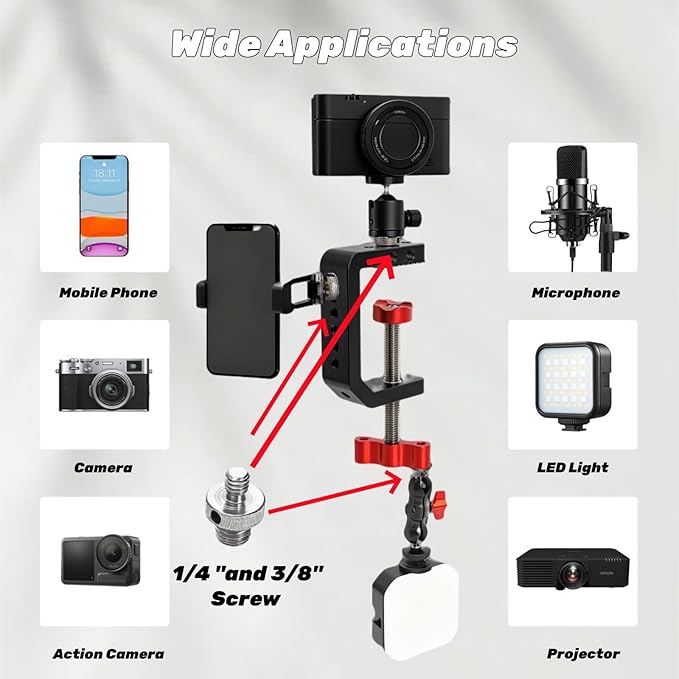 Tlence C Clamp Desk Camera Mount, Table Clamps with 1/4" and 3/8" Thread, Metal Desktop C Clamp for Light Stand, Heavy Duty Clamps Jaw for Workbench, Rods, Shelves, Bike, Fits up to 2.5" Thickness