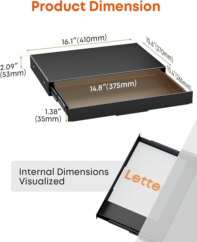 PUTORSEN Under Desk Storage Drawer 14.8" Wide - Smooth Slide Out Organizer for Standing Desk & Home Office, Max Load 17.6 lbs, Quiet Glide, Black