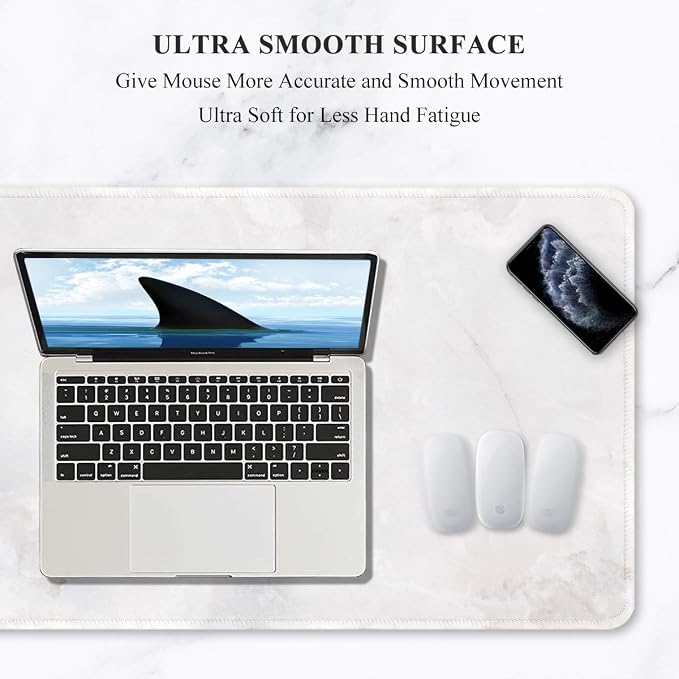 Auhoahsil Large Mouse Pad, Full Desk XXL Extended Gaming Mouse Pad 35" X 15", Waterproof Desk Mat w/Stitched Edges, Non-Slip Laptop Computer Keyboard Mousepad for Office and Home, White Marble Design