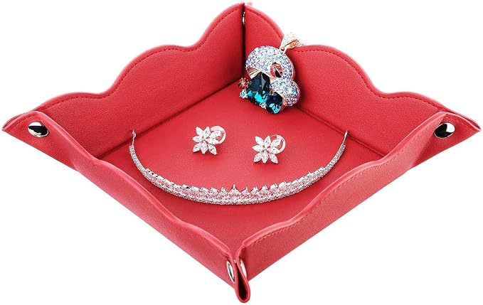 Valet Tray for Men Women 2 Pack - PU Leather Travel Catchall Tray Organizer - Desk Bedside Nightstand Storage Box for Jewelry Key Phone Remote Controller Wallet Watch Glasses Readers -Red