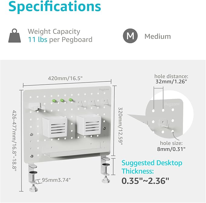 PEGZONE Clamp-on Desk Pegboard, Desk Organizer for Office Gaming Home, Magnetic Metal Peg Board with 10 Accessories, Privacy Panel, 16.5" x 12.6", Medium, White