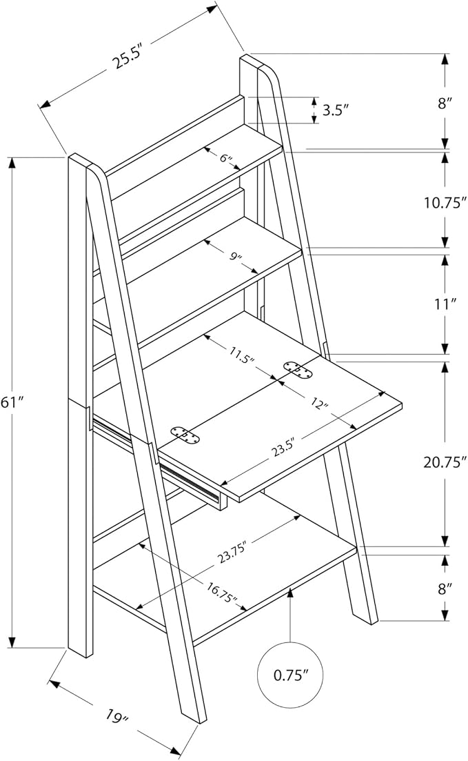 Monarch Specialties Tryy Ladder Desk - Bookcase - Wall Bookshelf - Stand Shelf, 61"H, Cappuccino