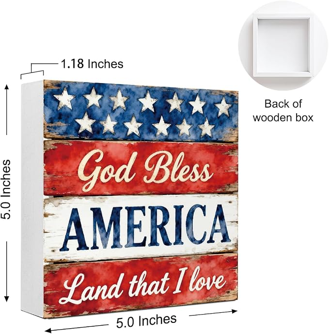 Patriotic Wooden Box Sign,God Bless America 4th Of July Signs Home Decor,Independence Memorial Day Block Sign for Desk Shelf Tabletop Decor