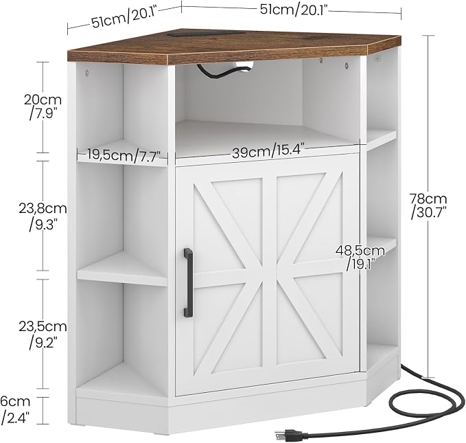 CHOEZON Corner Cabinet with Charging Station, Farmhouse Corner Bookshelf, Corner Storage Cabinet with Adjustable Shelf, for Living Room, Bedroom, Kitchen, Bathroom, White and Walnut MCW26UWL