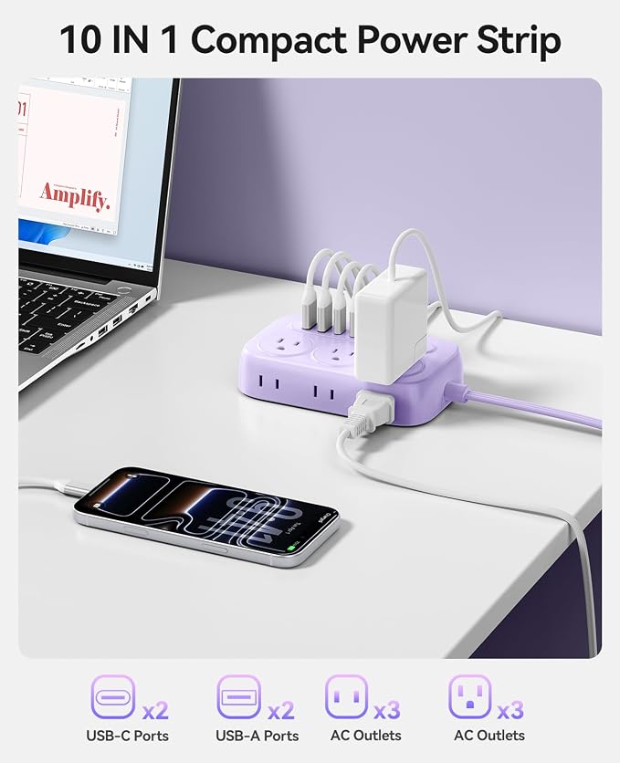 ORICO Surge Protector Power Strip, PD20W Multiple Outlets Extension Cord with 6 AC Outlets and 4 USB Charging Ports (2 USB-C), 45° Flat Plug, 10 Ft Mountable Outlet Extender for Home/Office/Dorm - OG