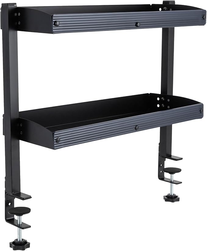CNCEST Clamp-on Desk Shelf, Clip-on Desk Shelf, 2-Tier Shelving with Adjustable Storage Tray (Black-MK3131-A1)