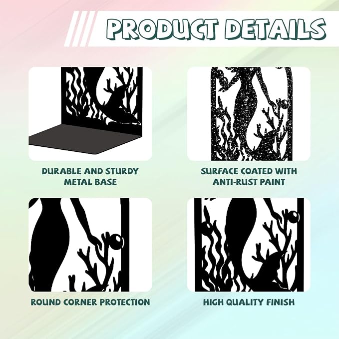 Peacoblue Metal Bookends for Shelves, Modern Decorative Heavy Duty Study Book Support Stoppers for Office, Desk, Shelf, Room 5.3"x4.3"x7.9" Cast Iron Simple Tall Bookends, 1 Pair (Mermaid)