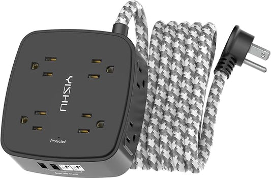 Surge Protector Power Strip - YISHU 8 Outlets with 4 USB (2 USB C) Charging Ports, 10Ft Braided Extension Cord, Flat Plug Multi Plug Outlet Extender Charging Station for Home Office, ETL, Black