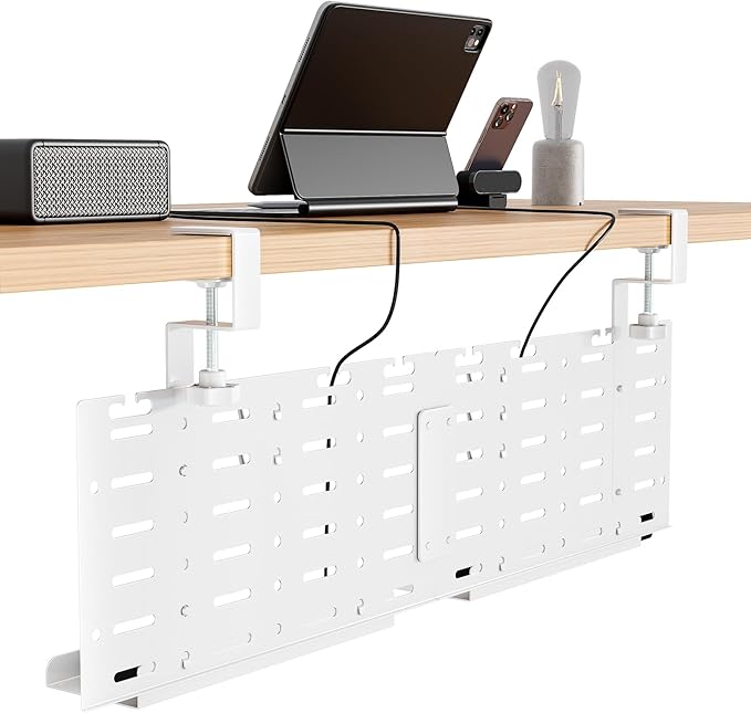 PEGZONE Under Desk Cable Management Tray, 30.2" Vertical Pegboard Organizer for Power Strip & Cords, with Hooks, Trays & Straps, No-Drill C-Clamp for Home Office, White