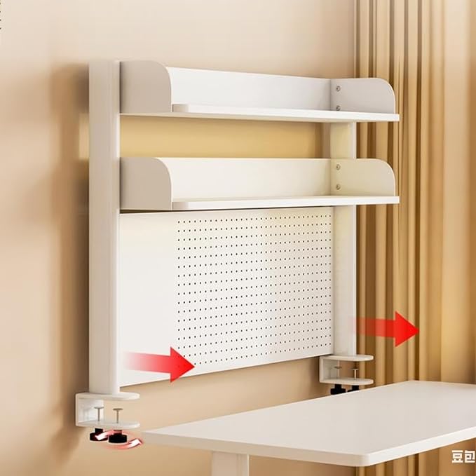 Clamp on Desk Shelf with Pegboard, Black Desktop Bookshelf Organizer Storage Shelves for Home Office Dorm Gaming Desk, Space Saving Tabletop Display Rack Organization (White, 31.4in)