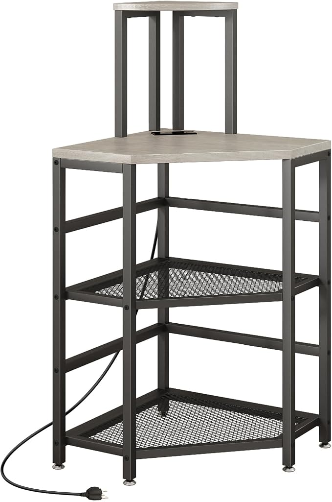 METYERRY 4-Tier Corner Printer Stand, Printer Table with Built-in Power Outlet and LED Lights, Multipurpose Corner Table with Grid Storage Shelf for Home and Office, Greige