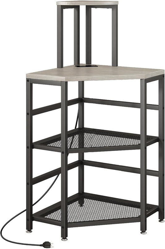 METYERRY 4-Tier Corner Printer Stand, Printer Table with Built-in Power Outlet and LED Lights, Multipurpose Corner Table with Grid Storage Shelf for Home and Office, Greige