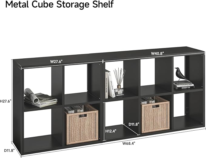 IRONMIX Metal Cube Storage Organizer, Short Bookshelf with Storage, 2 Tier Black Bookshelf Horizontal, Short Display Cabinet, Small Cube Bookcase TV Stand for Home Office Library (Black, 700+1037)