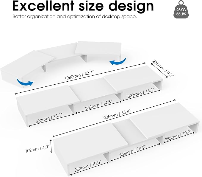 FITUEYES Dual Monitor Stand – 3 Shelf Computer Monitor Riser, Wood Desktop Stand with Adjustable Length and Angle, Desk Accessories, Office Supplies Medium White, DT108008WW