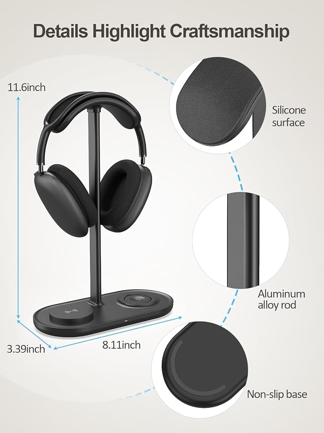 TopMade 4 in 1 Headphone Stand for Desk with Wireless Charger & USB Charging for iPhone/AirPods/iWatch, Universal Desktop Gaming Headset Holder for Airpods Max, Bose, Beats, Razer and More, Black