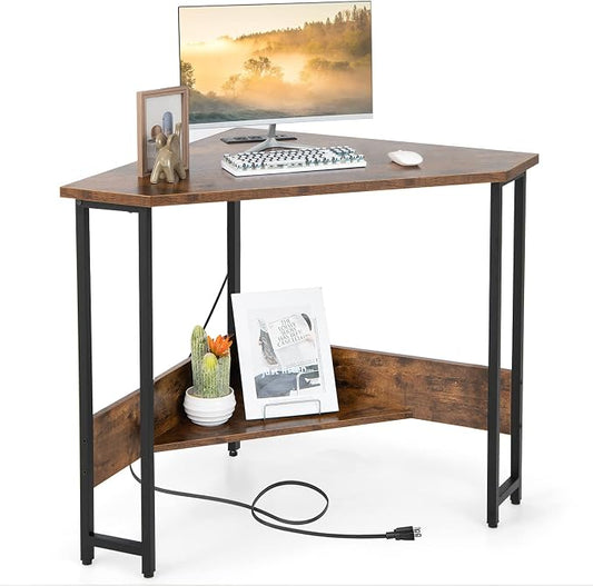 GOFLAME Corner Desk with Power Outlet, Triangle Computer Desk for Small Space, Space-Saving Writing Desk with Storage Shelf and Charging Station, Modern Laptop PC Desk for Home Office, Rustic Brown