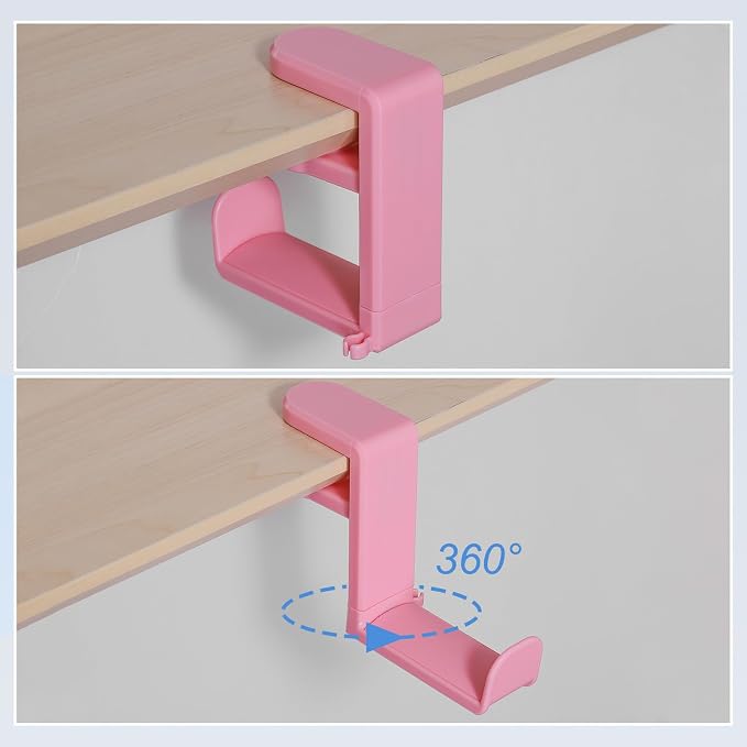 HARFINGTON Headphone Stand Holder 360 Degree Adjustable Clamp Desk Hook Clamp 0.39"-1.65" Clamping Range PC Gaming Headset Stand for Headphone Earphone, Pink