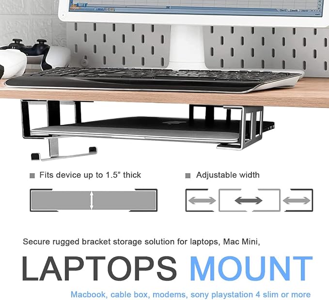 IFCASE Under Desk Laptop Mount & Headphone Holder with Adhesive & Screw, Hard Aluminum Under Table Desk Holder for Laptop, Mac mini, MacBook Pro (Silver)
