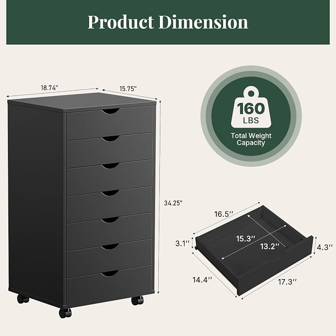 Mobile File Cabinet Under Desk, 7 Drawer Storage Organization with Wheels, Vertical Filing Chest Rolling Wood Small Desk Printer Stand for Home Office, 15.75" D x 18.74" W x 34.25" H