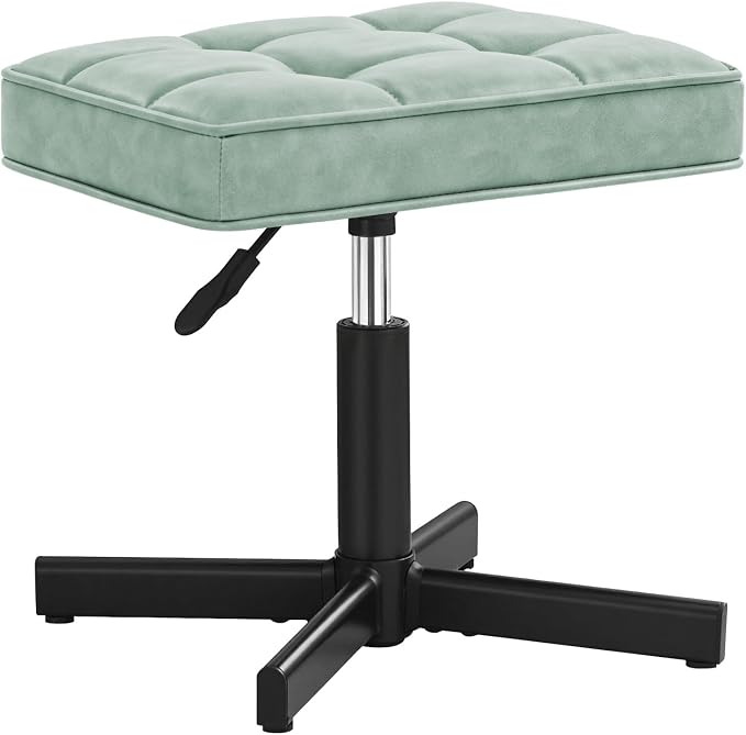 LUE BONA Adjustable Vanity Stool, 15''-19.5'' Foot Rest Under Desk, 360° Swivel Vanity Chair for Makeup Room, Green Upholstered Faux Leather Ottoman for Bathroom & Living Room, 300lbs