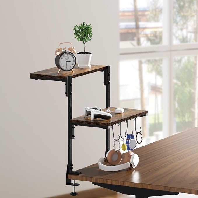 Clamp-on Desk Shelf, 13 inch Above or Below Desk 2-Tier Shelving, Adjustable Metal Storage Tray for Gaming Devices or Office Desk Accessories and More, Brown, Patent Pending