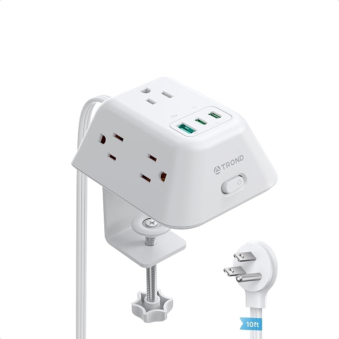 TROND USB C PD 20W Desk Clamp Power Strip, Surge Protector with 5 AC Outlets, 2 USB C Charging Station, Fit 1.97in Tabletop Edge Thick, 10ft Extension Cord for Home Office Accessories, White
