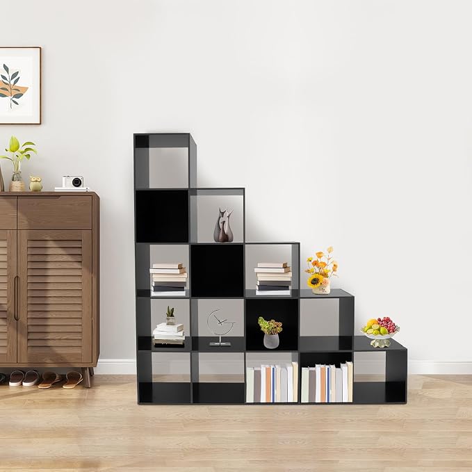 Ladder Cube Storage Bookcase, Desktop Drawers Cabinet, 15-Compartment L-Shaped Organizer, Corner Shelf, Free Standing, for Bedroom Living Room Study Office, Books Toys Decor