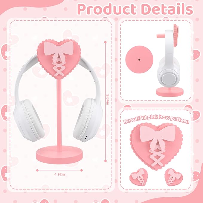 Kingdder Pink Heart Bow Headphone Stand Cute Wood Headphone Stand Adorable Headset Holder Accessories Gamer Gifts for Teenage Women Teacher Girlfriend Office Worker Wife Gamer Room Office Desk