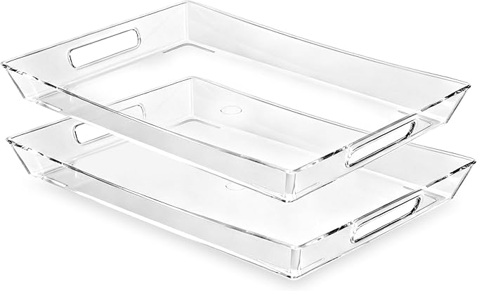 Clear Plastic Serving Tray with Handles, BPA-Free Storage Organizer Tray -2 Pack Large Trays 16"x11.5" Reusable Serving Platters for Appetizer, Fruit, Kitchen, Desk & Serving Tray for Party Supplies