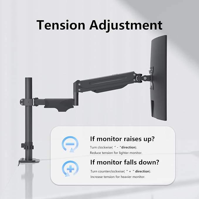 suptek Single Monitor Arm for Desk Mount Stand,Adjustable Monitor Arm for 17 to 32 inch Screen, Support Weight up to 22lbs, Mounting Holes 75x75mm to 100x100mm,Pneumatic Pole Mount Arm Black