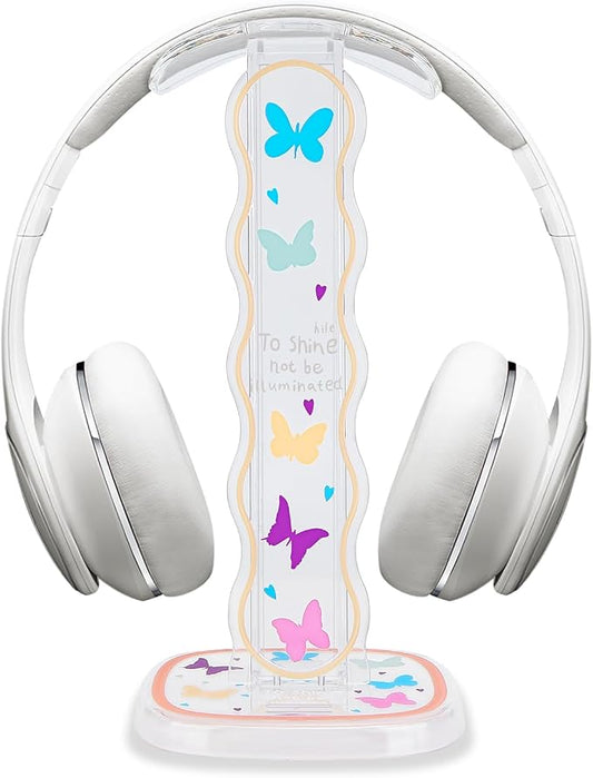 CamyCosy Headphone Stand Gaming Headset Holder for Desk,Clear Colorful Butterflies Pattern Cellphone & Earphone Stand Desk Accessories for All Headphones Size