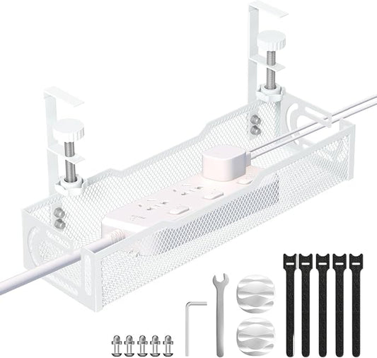 Under Desk Cable Management Tray, No Drill Mesh Desk Cable Tray, Wire Management Tray Cable Management Rack, Wire Organizer and Cable Management Box (White)
