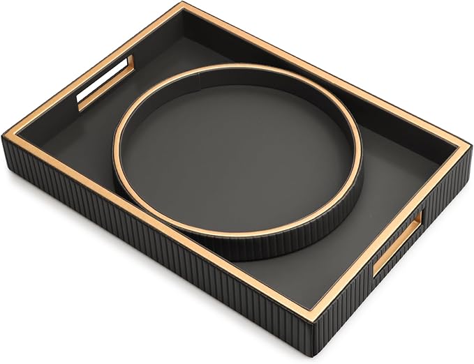 SANZIE Leather Tray Desktop Storage Organizer Premium Serving Tray Decorative Trays Valet Trays for Sundries Cosmetics Phone Wallet Cutlery (Black Holder with Disc)