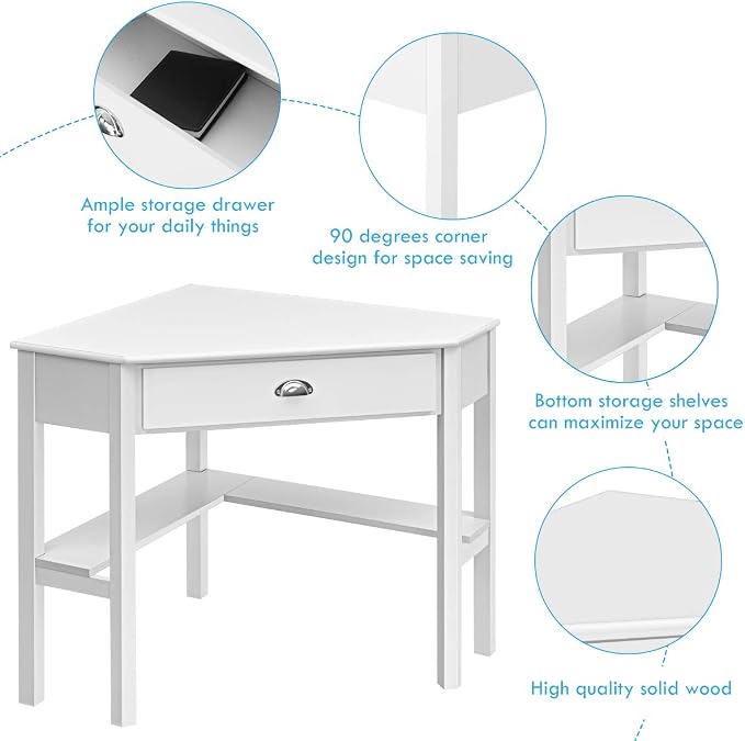 Tangkula White Corner Desk with Drawer, Storage Shelves for Computer, Makeup Vanity Desk for Small Space, 90 Degrees Triangle Desk