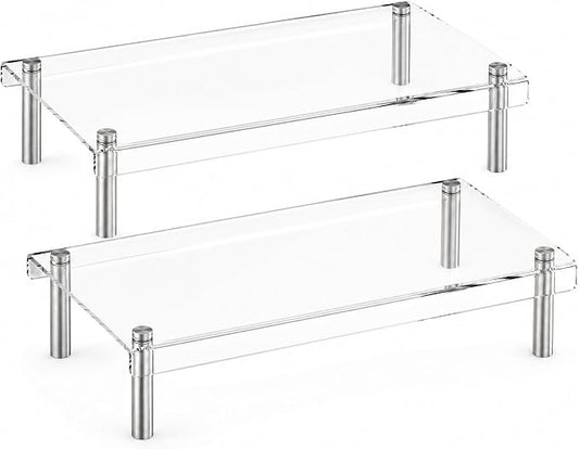 2 Pack Clear Acrylic Riser, Display Stand, Large Transparent Monitor Riser Stand Acrylic Shelf with Non-Slip Feet, Desktop Organizer for Collectibles, Figurines, Cosmetics, Multifunctional Stand